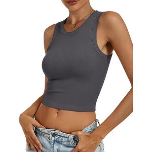 FOXA Débardeur court pour femme, col haut, sans manches, tricot côtelé, coupe ajustée, vêtements de sport décontractés - Product Image 2