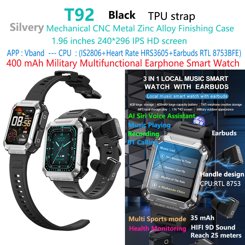 Reloj inteligente con auriculares T93-tws plateados