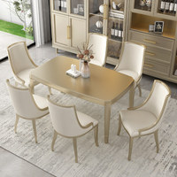 Table à manger en bois massif de luxe chinois moderne avec plateau en marbre et chaises dorées champagne, ensemble complet de la marque Han Yuan