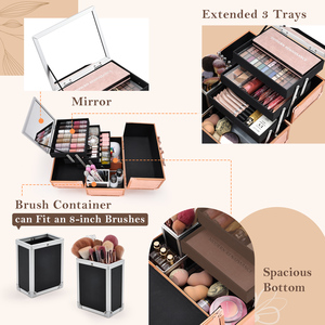 Aluminum Nail Tech Storage <b>Case</b> with Mirror 3 Trays Design <b>Makeup</b> Box Large Capacity Beauty Cosmetic Organizer Box Brush Holder - Product Image 3