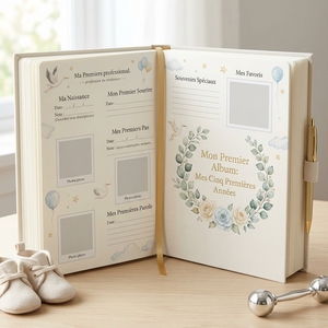 Journal de bébé personnalisé pour les premiers cinq ans avec emplacements pour photos, pour un suivi professionnel des étapes importantes et des souvenirs de la petite enfance - Product Image 1