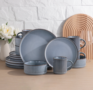 Factory Direct Custom Ribbed Stoneware <b>Dinner</b> <b>Set</b>, Mist Blue Vintage Ceramic Tableware Bulk Wholesale for Restaurant Hotel - Product Image 2