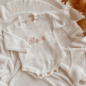 Pointelle Romper rajut, Sweater Romper lengan panjang leher Crew untuk bayi baru lahir - Product Image 3