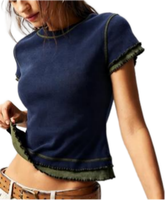 T-shirt court côtelé vintage pour femme, bord festonné vert contrastant, manches courtes, style Y2K, coupe ajustée, décontracté, streetwear d'été