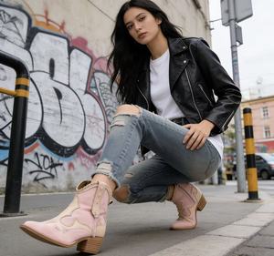 Nouvelle Tendance : Bottines <span class=keywords><strong>Western</strong></span> Rose pour Femmes, Style Cowboy, Patchwork, Bout Pointu, Bord Festonné - Product Image 4
