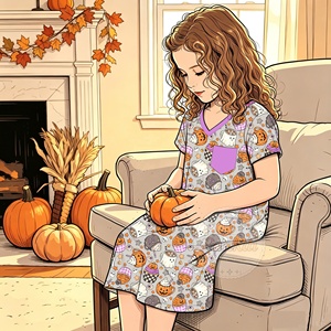 Robe <span class=keywords><strong>de</strong></span> <span class=keywords><strong>nuit</strong></span> pour petite fille en bambou <span class=keywords><strong>de</strong></span> haute qualité 230 GSM, imprimé citrouille d'Halloween, manches courtes - Product Image 1