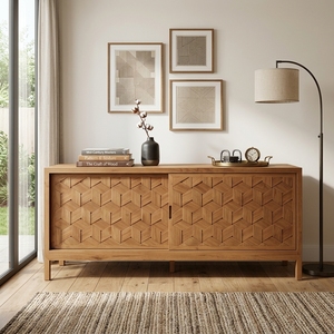 Console TV minimaliste moderne en bois massif avec portes coulissantes en parquet géométrique - Product Image 2