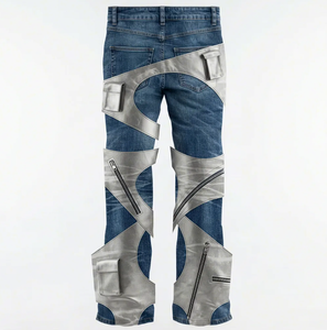 Jean droit femme Wangsheng en denim bleu délavé avec empiècements argentés et découpes, <span class=keywords><strong>pantalon</strong></span> cargo multi-poches style techwear futuriste - Product Image 2