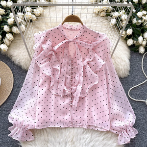 Chemisiers et chemises pour femmes personnalisés, nœud papillon français, bord en feuille de lotus, <span class=keywords><strong>motif</strong></span> imprimé en forme de cœur, chemisiers en mousseline de soie - Product Image 1