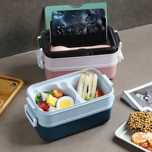 Fiambrera de acero inoxidable o plástico de doble nivel con 3 compartimentos Material plástico 304 de grado alimenticio para niños <span class=keywords><strong>Catering</strong></span> <span class=keywords><strong>escolar</strong></span> - Product Image 2