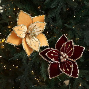 Velvet Artificial Poinsettia Glitter Gold Frosted Christmas Wreath <b>Tree</b> Decor Red Poinsettia Flower Fashionable Eco Home - Product Image 2