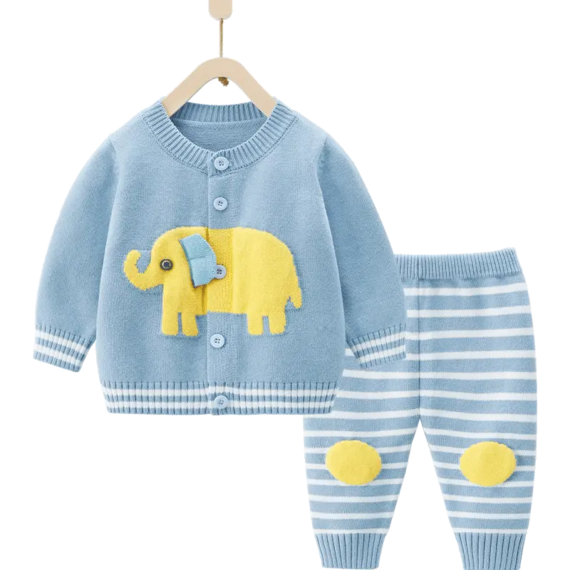 2023 Autumn Winter 100% Cotton Warm Infant Winter Boy Elephant Knitted Cardigan Baby Sweater Set
