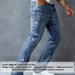 Distressed Straight <strong>Jeans</strong> - Rhinestone Details &amp; Versatile Basic <strong>Jeans</strong> | Blue Rhinestone Wide-leg Men's <strong>Jeans</strong> - Product Image 2