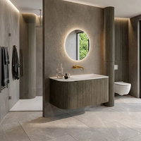 Meuble-lavabo mural flottant en noyer foncé rainuré, design incurvé vertical, avec vasque intégrée, pour salle de bain moderne