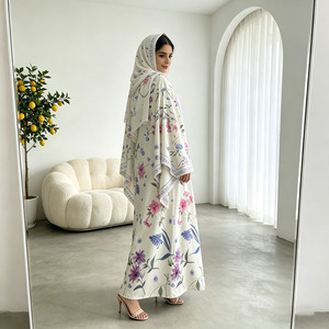 Elegant Floral Print Abaya <b>Set</b> for Women Crepe Chiffon Open Front Muslim Dress With Hijab Ramadan Eid <b>Modest</b> Wear - Product Image 3