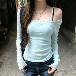 Blusa de punto ligera para mujer, cuello en V, manga larga, ajuste holgado, informal, básica y a la moda, color azul claro - Product Image 4