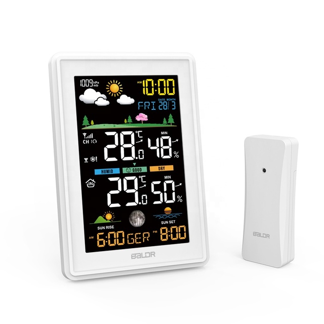 BALDR Wireless LCD Weather Station Weather Forecast Moon Phase Sunrise Sunset Time Indoor Outdoor Thermometer Hygrometer OEM