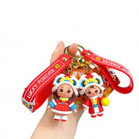 Porte-clés en silicone 3D personnalisé en forme de lion dansant, poupée traditionnelle chinoise, avec logo personnalisé disponible, vente en gros d'usine