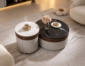 Modern <b>Round</b> Coffee <b>Table</b> Set Marble Top Wood Frame Storage Living Room Furniture <b>White</b> and Black Two Piece Design - Product Image 1