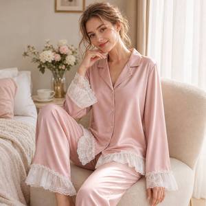 Conjunto de Pijamas de Seda de Lujo Personalizados para Mujer, Conjunto de Seda Estampado, Manga Larga, Cuello Camisero, 2 Piezas, Ropa de Dormir Informal, Estilo Fresco - Product Image 2
