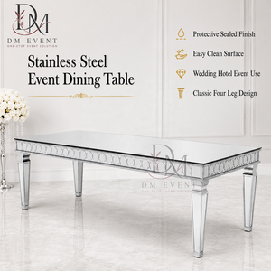 Elegante Mesa de Comedor Rectangular con Cubierta de Espejo de Acero Inoxidable y Patas Cónicas para Banquetes y Eventos, Venta al Por Mayor - Product Image 2