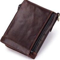 Dompet Rantai Lipat Dua Geometris Vintage Unisex Kulit Asli Anti-RFID Kantong Koin Kancing Ritsleting Ganda Anti-Maling