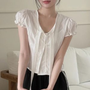 T-shirt blanc à manches bouffantes pour femme avec col en V à lacets, chemisier décontracté doux et mignon pour filles, vente en gros OEM - Product Image 6