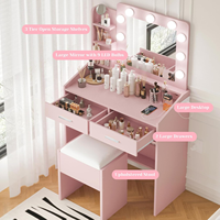 Spiegel LED Lichter Make-up Waschtisch mit Steckdose Gepolsterter Hocker Schmink tisch Schubladen 3 Beleuchtungs modi Schlafzimmer Pink