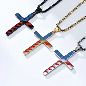 fashion jewelry for clothes Enamel stainless steel cross charm jewelry making american flag patriotic cross pendant necklace