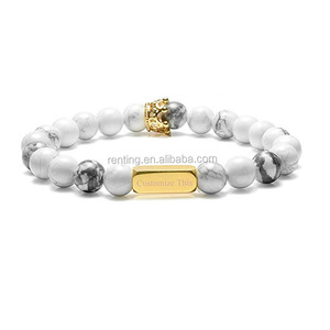 New Fashion Natural Stone Lava Stone Bead Logo personalizzato testo acciaio inossidabile CZ Imperial Crown Beads bracciale elastico per coppie - Product Image 4