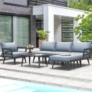 6-teiliges Allwetter-L-förmiges Aluminium-Patio-Möbelset Conversation Outdoor-Schnitts ofa mit verdickten Kissen