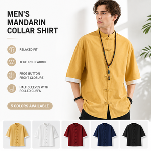 <span class=keywords><strong>Camicia</strong></span> da uomo tradizionale cinese con colletto mandarino, bottoni a rana, mezza manica, vestibilità comoda, casual, stile Kung Fu Tang, all'ingrosso - Product Image 1