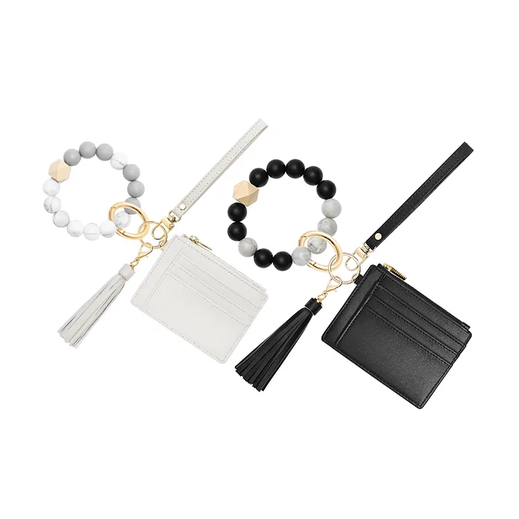 Novo design elegante pulseira de miçangas de silicone chaveiro com carteira de borla porta cartão de crédito
