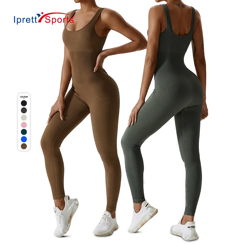 Tute da Yoga a coste lavorate a maglia da donna senza maniche collo quadrato senza cuciture allenamento sportivo pagliaccetti tuta attillata tuta sportiva