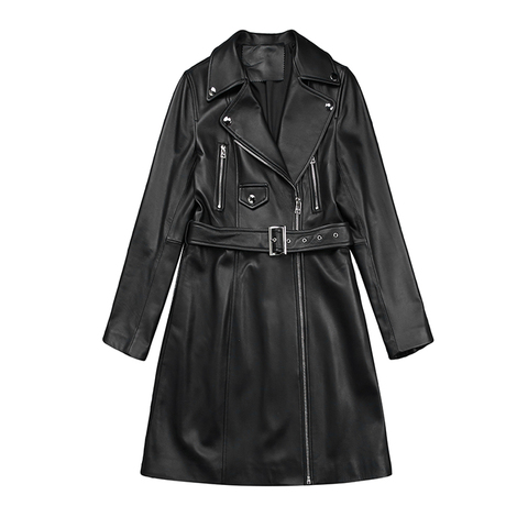1142 New Fashion Casual Medium Length Zipper Motorcycle Genuine Leather Sheepskin Jacket Trench Coat