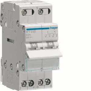 SFT232 Personalizzabile con interruttore di commutazione Hagers 1-0-2, 2 poli, 2 NO + 2 NC, 32 A, 2 moduli DIN, attacco superiore comune - Product Image 1