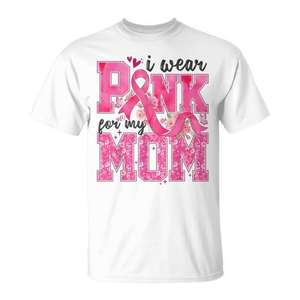 Camiseta de concienciación sobre el cáncer de mama para niñas, con estampado digital, manga corta y cuello redondo, con la frase 'I Wear Pink For My Mom' - Product Image 1