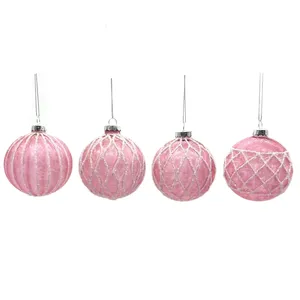 아름다운 크리스마스 트리 장식 8cm 빛 핑크 수제 스파클링 진주 메쉬 패턴 크리스마스 유리 공