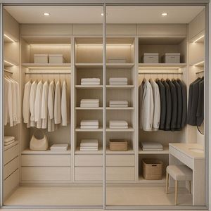 <span class=keywords><strong>Armoire</strong></span> sur mesure minimaliste avec <span class=keywords><strong>porte</strong></span> <span class=keywords><strong>coulissante</strong></span> en verre transparent, design sans poignée et éclairage LED pour chambre à coucher - Product Image 1