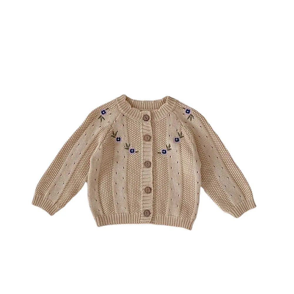 New Design Autumn Winter Flower Embroidered Children Cotton Knitted Toddler Girls Sweater