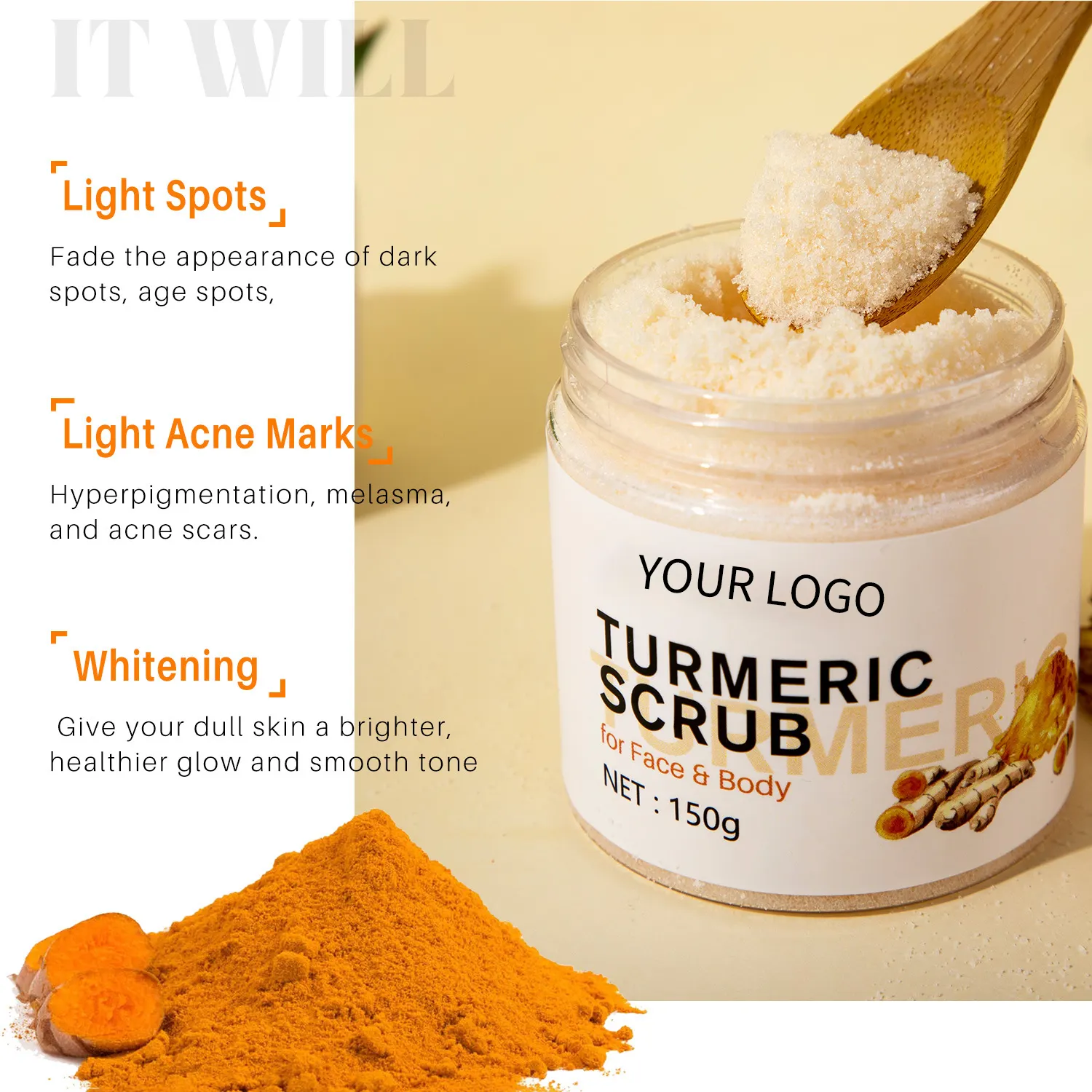 Turmeric-baño de sal de jengibre, exfoliante corporal blanqueador, matorrales blanqueadores, blanqueador orgánico brillante, exfoliante corporal