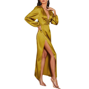 Vestido Largo Amarillo de Satén con Cuello en V, Abertura Lateral, Cintura Alta y Mangas Abullonadas, Vestido de Noche con Ajuste Cómodo - Product Image 5