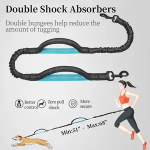 Adjustable Dual Padded Handles Durable Bungee Reflective Threading Hands Free Dog Leash With Zipper Pouch