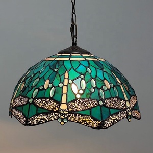 LongHuiJing 16Inch Mediterranean for Green Warm <b>White</b> Industrial Rustic Adjustable Height <b>Hanging</b> Stained Glass Pendant - Product Image 1