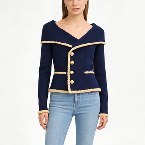 Cardigan en tricot pour femme à revers contrastant - Pull décontracté boutonné pour le bureau, tendance - Product Image 1