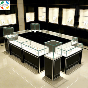 Vitrine de présentation de bijoux de luxe en verre trempé éclairé par LED, en marbre noir de haute qualité, robuste, pour l'intérieur des magasins - Product Image 3