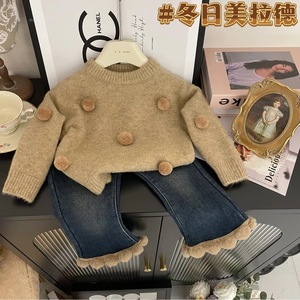 Girls Sweater Jeans Set Thick Knit Solid Color Camel Blue 3668 Autumn Winter Childrens Outfit - Product Image 2