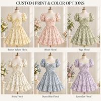Robe Courte Imprimée Florale pour Femme, Légère, Tissée, Col Nœud Papillon, Manches Bouffantes, Jupe Évasée à Volants, Coupe Trapèze