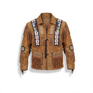 Men's Vintage Cowhide <b>Suede</b> Fringe <b>Leather</b> <b>Jacket</b> with Native Eagle Beadwork Turn-down Collar Autumn Season Hand Embroidery - Product Image 1