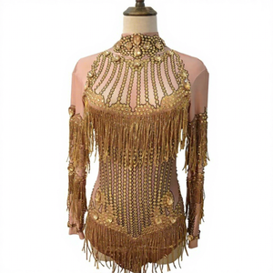 Body de seda/algodón brillante con borlas para espectáculos de pole dance, atuendo promocional para cantantes femeninas, ropa de escenario para danza. - Product Image 1
